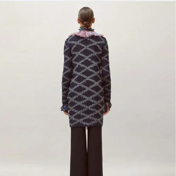 NWT Tory Burch Tweed Trim Long Cardigan Size S Navy Fringe Knit $898 #2K501 - Picture 3 of 13